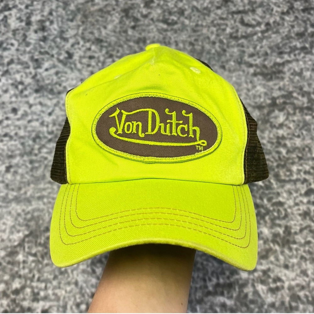 Vintage Von Dutch Trucker Hat Mesh Snap Back Green Brown Patch Cyber 90s Y2K